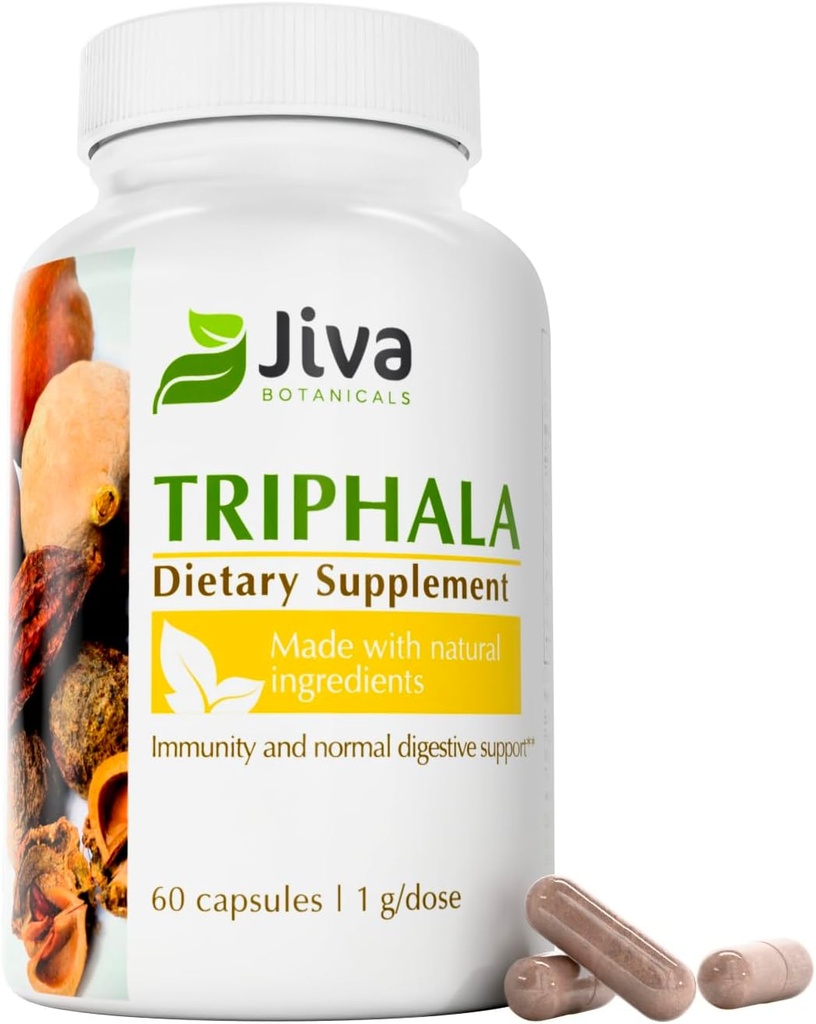 Jiva Botanicals Triphala Suplemento - Triphala Capsules Hecho con Amalaki, Bibhitaki y Haritaki Polvo para la salud digestiva normal & normal sistema inmunológico - 60 cápsulas