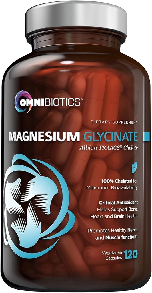 Suplemento Glycinate de Magnesio OmniBiotics – con 100% puro Albion TRAACS Bisglycinate Chelate for Sleep, Muscle, Nerve & Heart Health – 120 Vegan Capsules