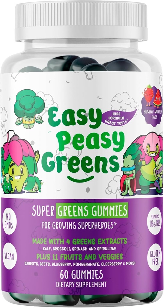 EasyPeasyGreens Gaviotas diarias para niños - 60 gomas verdes - Ayuda a comedores Picky Consigue sus verduras - Hecho con 10 extractos vegetales reales y 100% Vegan