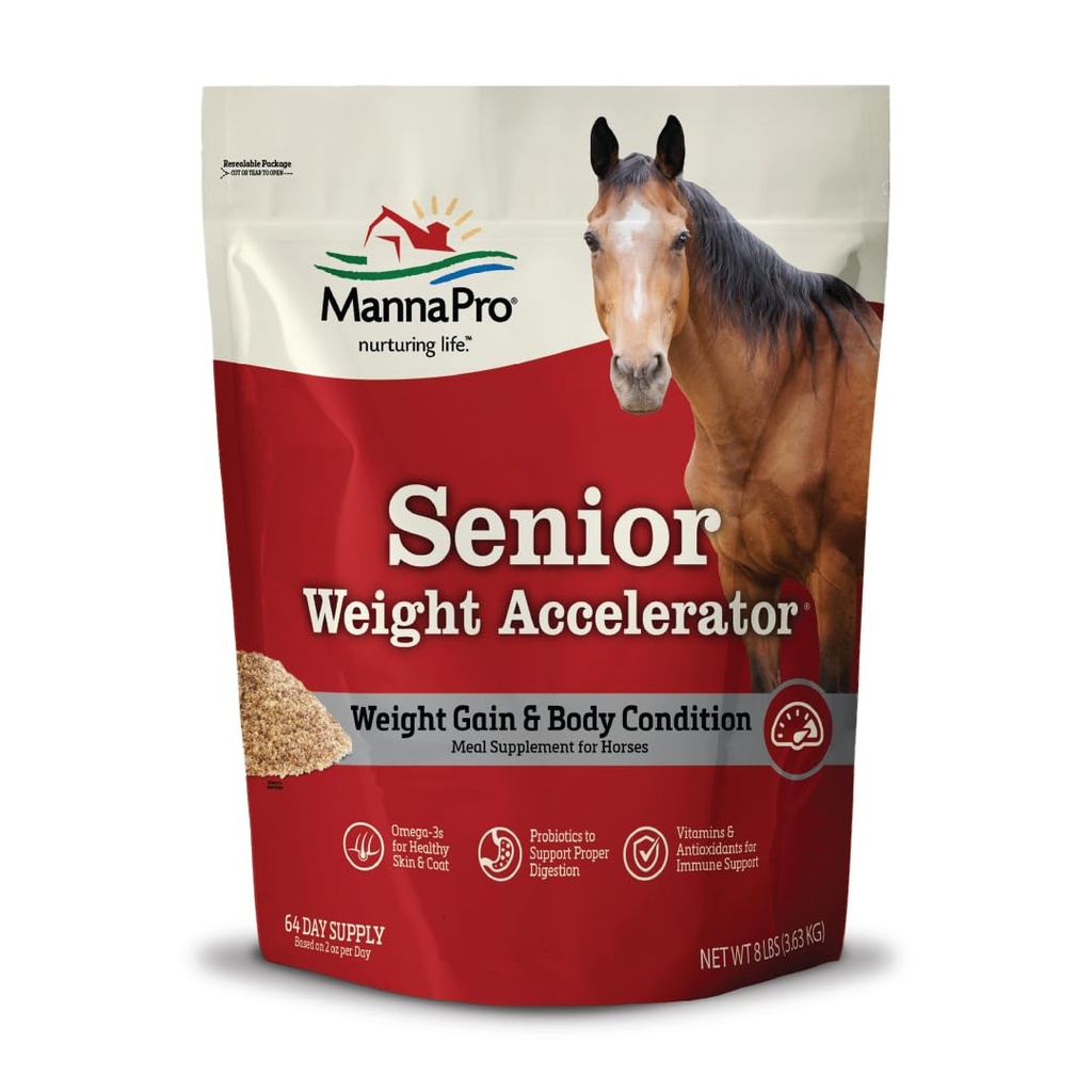 Manna Pro Weight Accelerator for Senior Horses – Weight Gain and Muscle Support Supplement with Omega 3 Fatty Acids and Flaxseed – High-Calorie Feed Topper for Horses – 8 lb Bag