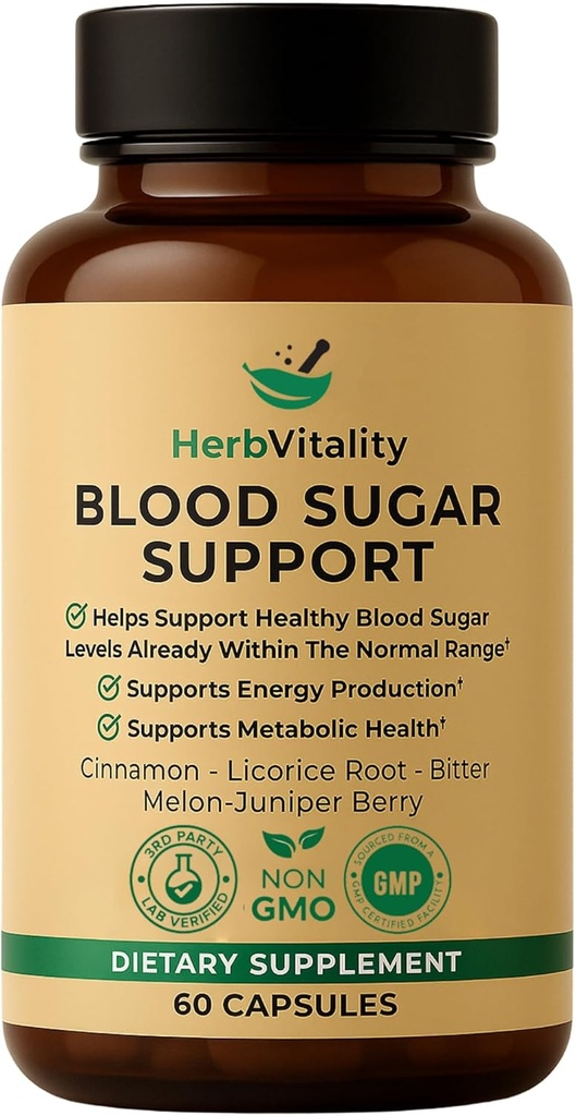 Suplemento de apoyo al azúcar en sangre con canela, melón de bitter – soporta niveles saludables de azúcar en sangre ya dentro de rangos normales ¦ Licorice Root Extract - 60 cápsulas