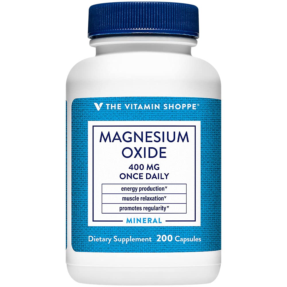 El óxido de magnesio de Vitamin Shoppe 400mg - Fórmula mineral diaria esencial para apoyar la producción de energía, relajación muscular, salud ósea y promover la regularidad digestiva (200 cápsulas)