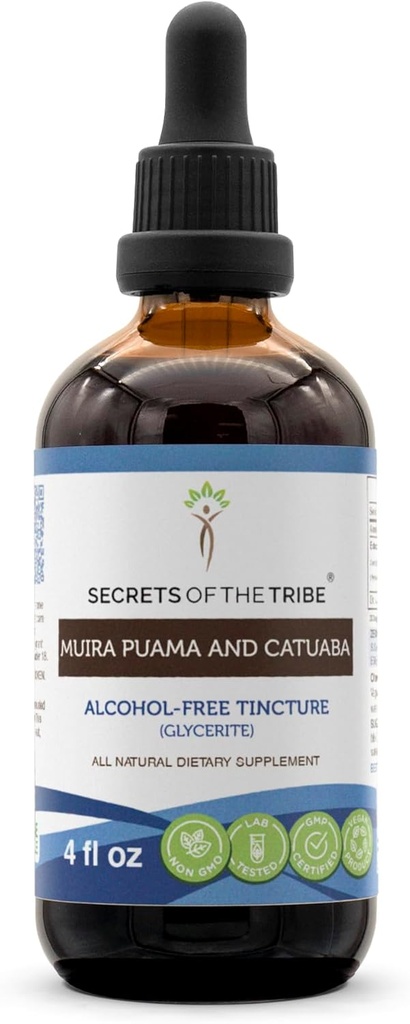 Secretos de la Tribu Muira Puama y Catuaba Tintura Extracto libre de alcohol, gotas herbales de alta potencia, Tintura Hecha de Muira Puama y Catuaba Ptychopetalum Olacoides 4 oz