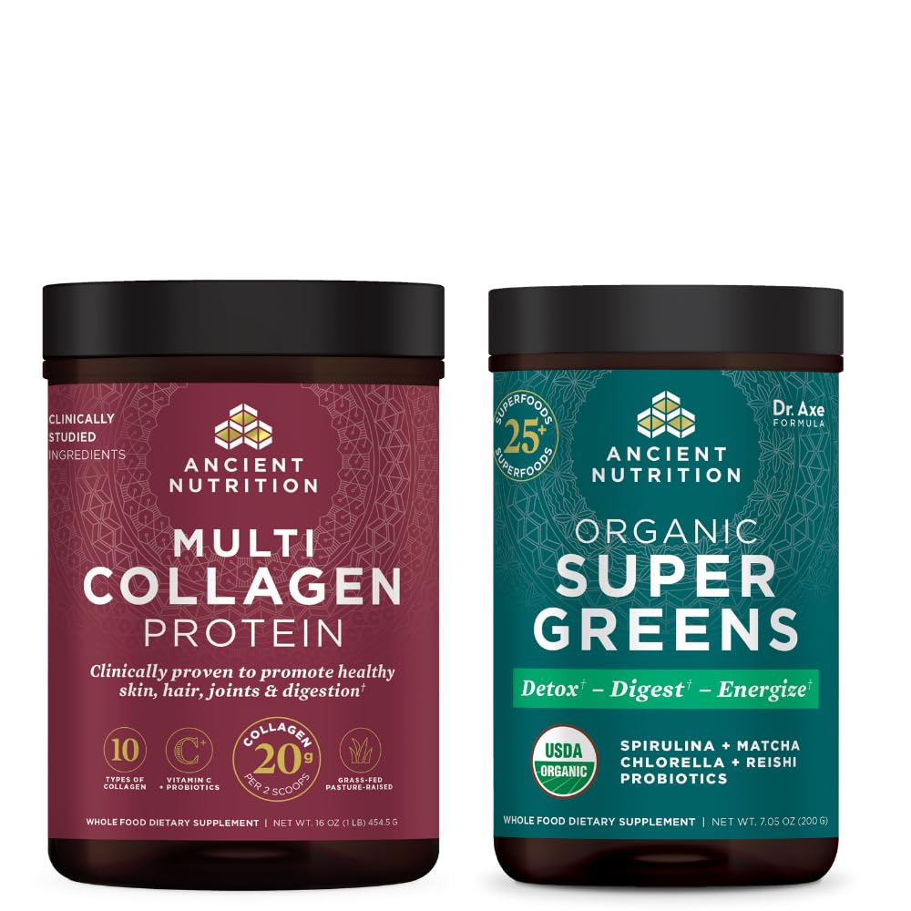 Ancient Nutrition Organic SuperGreens Powder, 25 Servings + Multi Collagen Protein Powder, Unflavored, 45 Servings