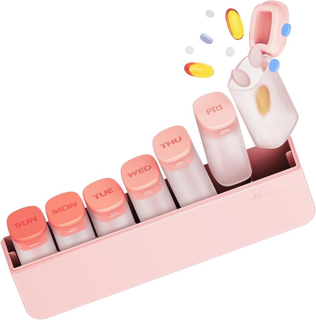 Organizador semanal de píldoras 1 vez por día - Caja de la Pill 7 días, Container para medicamentos diarios Suplemento de vitamina Aceite de pescado, Portable semana píldoras organizadores dispensador de agua, rosa