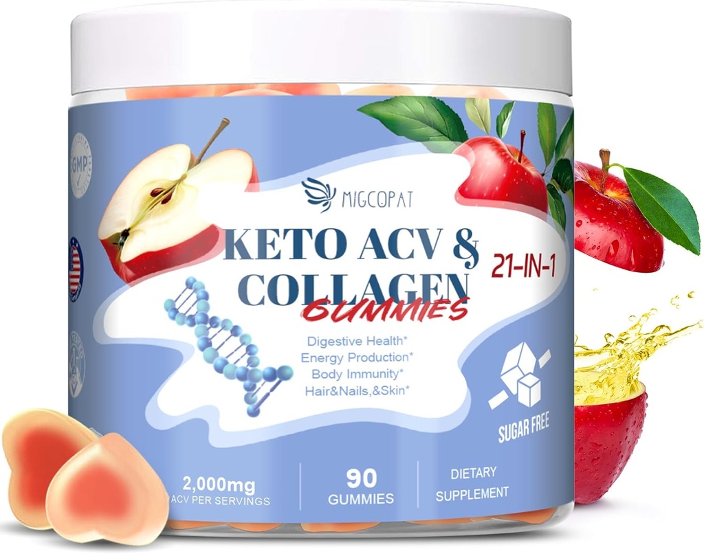 21 en 1 Keto ACV & Collagen Gummies, Azúcar Manzana gratis Vinagre Gummies con Biotina, Probióticos, Vitaminas para el cabello sano, Esquí, uñas & soporte digestivo, Apple Flavored, 90 Conde