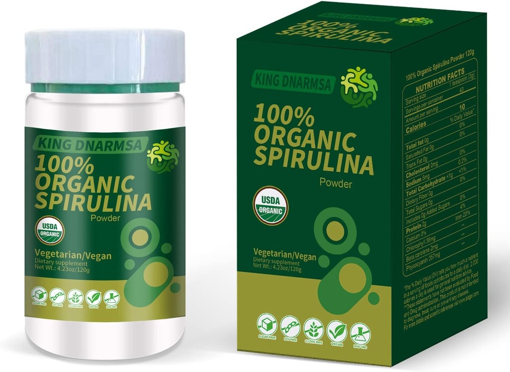 Certificado 100% orgánico Spirulina Polvo 4.23oz/120g Rico en rico en betacaroteno (Vitamin A) y B-12 con GLA naturalmente ocurrida,Vega No GMO-Superalimentos Suplemento