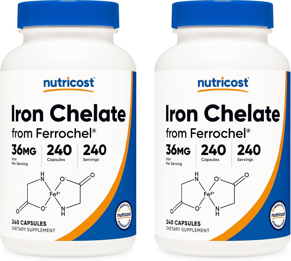 Nutricost Chelated Iron, As Ferrochel, 36mg, 240 Capsules (2 Botellas)