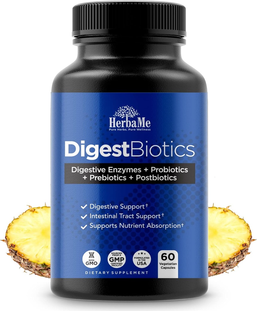 Enzimas digestivas con Probióticos y Prebióticos, Postbióticos, 60 cápsulas, Salud Digestiva de Apoyo y Tracto Intestinal, promueve el Sistema Inmunitario