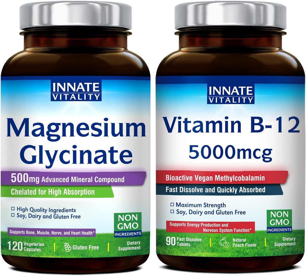 Innato Vitality Magnesium Glycinate & Vitamin B12 Bundle, No Gluten & Vegan, Magnesium (120 Caps) & Vitamina B12 (90 Tabs Fast Dissolve), Value Pack, Bundle & Save