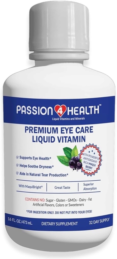 Pasión 4 Salud Ojo líquido Vitaminas - Natural Vision & Adult Eye Care Supplement - Premium Support with Maqui Berry Extract, Gluten-Free, Non-GMO, No Sugar - 30-Day Supply, Made in USA