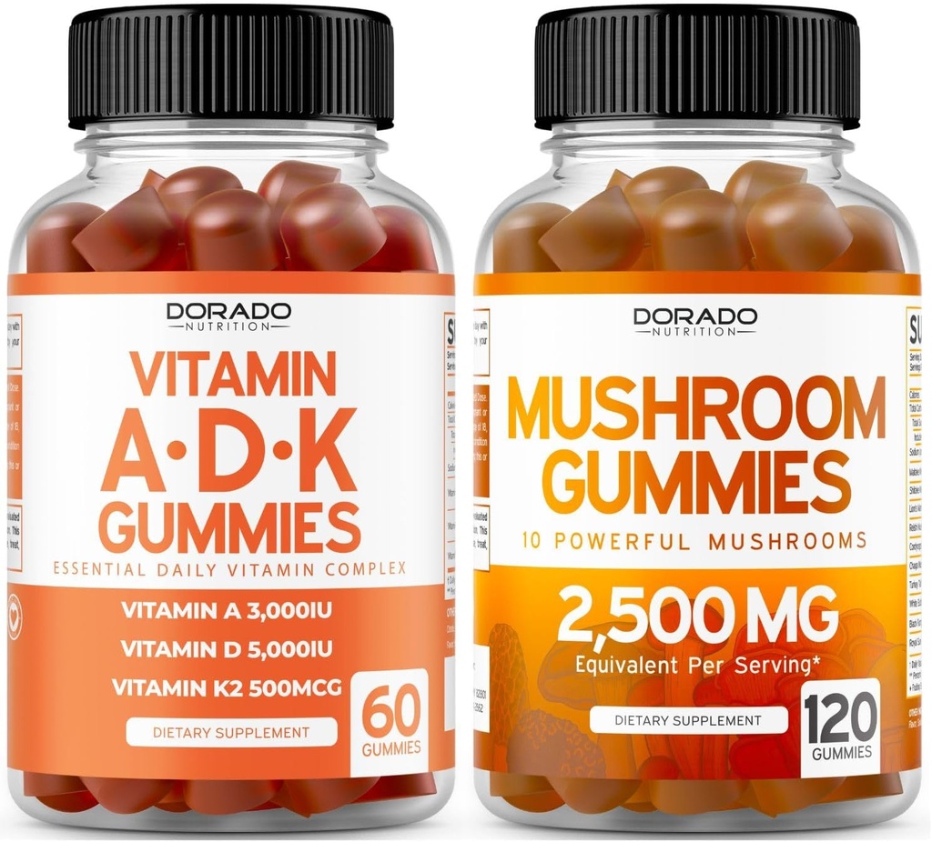 ADK Vitamina D3 K2 (60 Gummies) D & K - 10 Suplemento Vegan con sabor a frambuesa y seta 10 en 1 Blend (120 Gummies) Focus & Brain Mushroom Suplemento para adultos - Vegan Safe & Made in USA