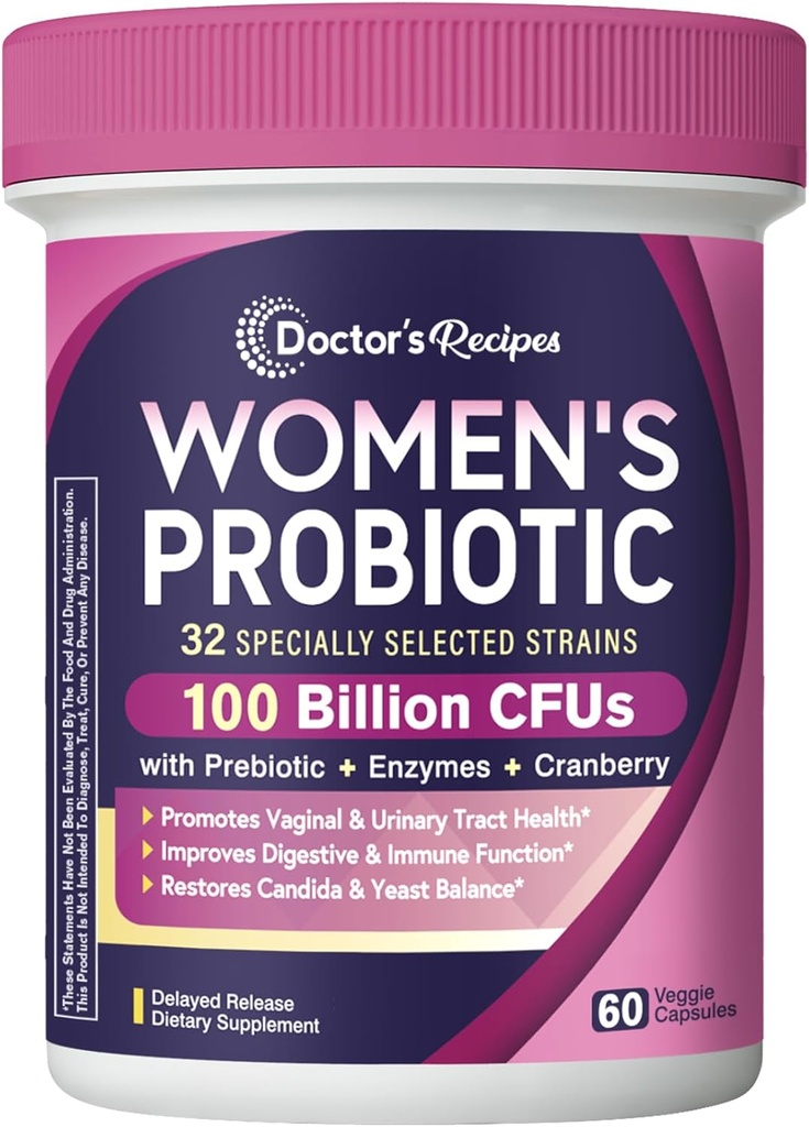 Recetas del médico Probióticos para Mujeres, 100 millones de francos CFU 32 Strains, con fibra prebiótica, enzimas & arándano, vagina Digestiva urinaria & inmune, no levadura, estante, liberación tardía, 60 cápsulas
