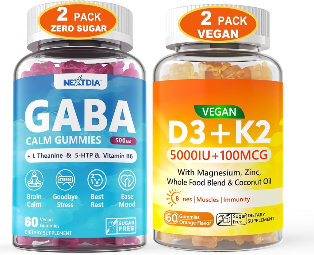 2Pack GABA Gummies 500 mg+ 2Pack Vegan Vitamina D3 5000IU K2 Gummies, integral de alimentos, aceite de coco, magnesio, zinc
