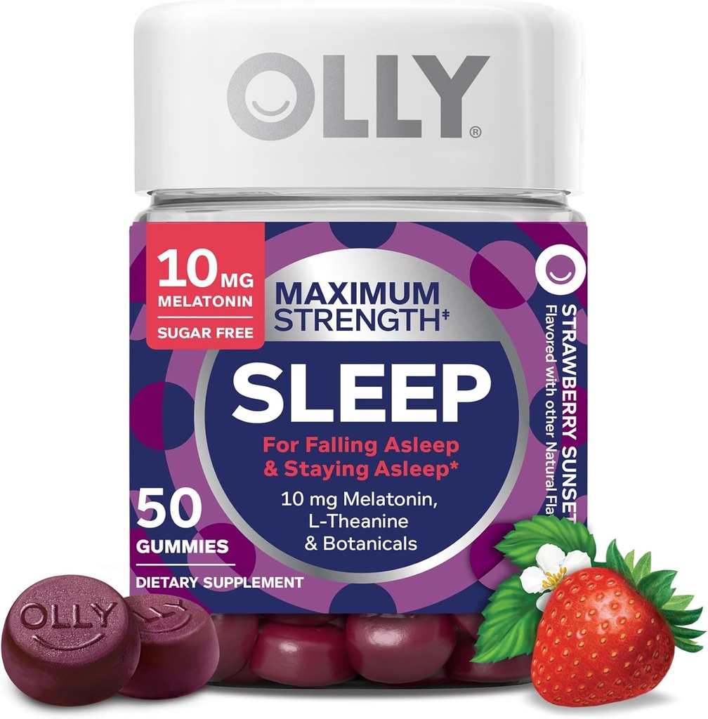 OLLY Max Strength Sleep Gummy, 10mg Melatonin, L-Theanine, Chamomile, Lemon Balm, Sugar Gratis, Vegetarian Sleep Aid, Strawberry - 50 Cuenta