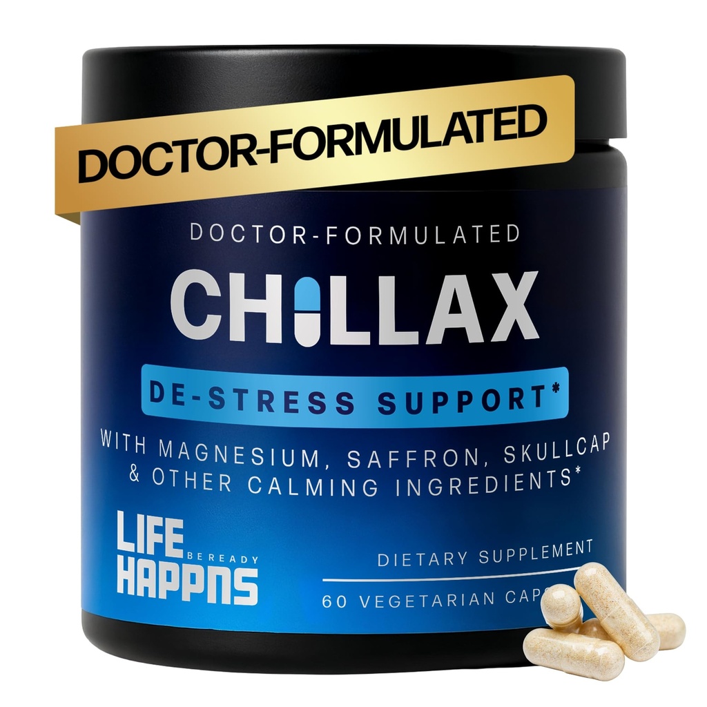 Life Happns Chillax, Suplemento de Apoyo a la Calma, L Theanine, Magnesium, GABA y Saffron Suplementos para la Relajación, Natural Mood Health Support for Adults, Calming and Relaxing, 60 cápsulas