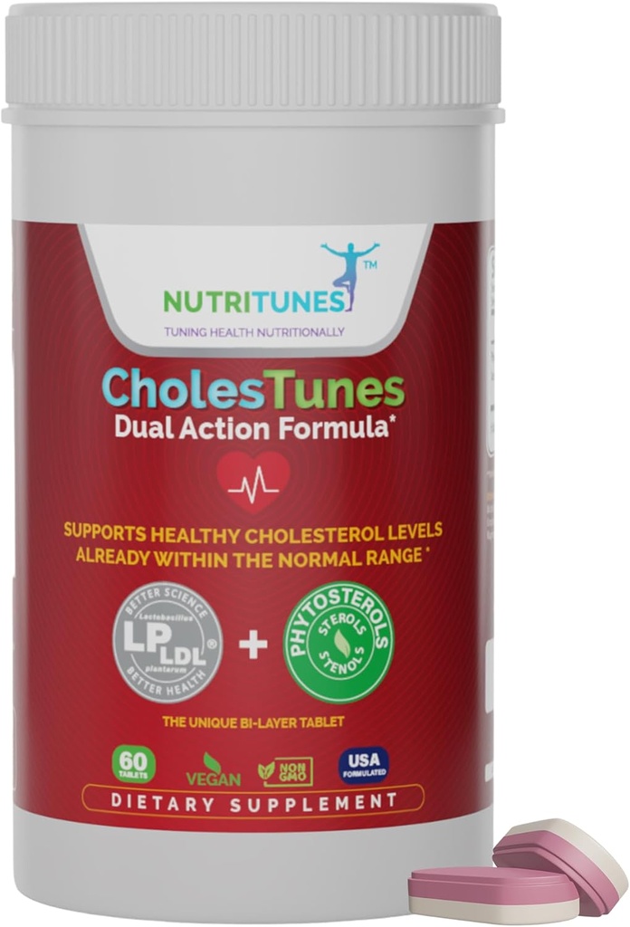 CholesTunes – Suplemento de Apoyo Colesterol con Phytosterols " LDL LP Probiótico para el corazón y el bienestar cardiovascular – No GMO, libre de gluten, libre de soja, libre de lactosa, 60 Tabletas