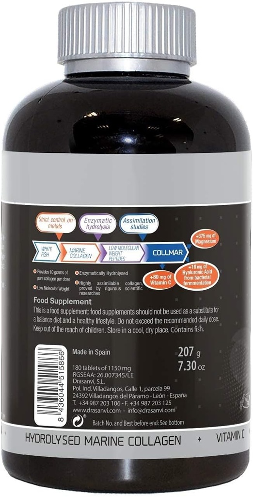 Drasanvi (2 Pack) COLLMAR Collagen marino hidrolizado con Magnesio 180 Tabletas - para el cartílago de piel saludable, huesos y músculos