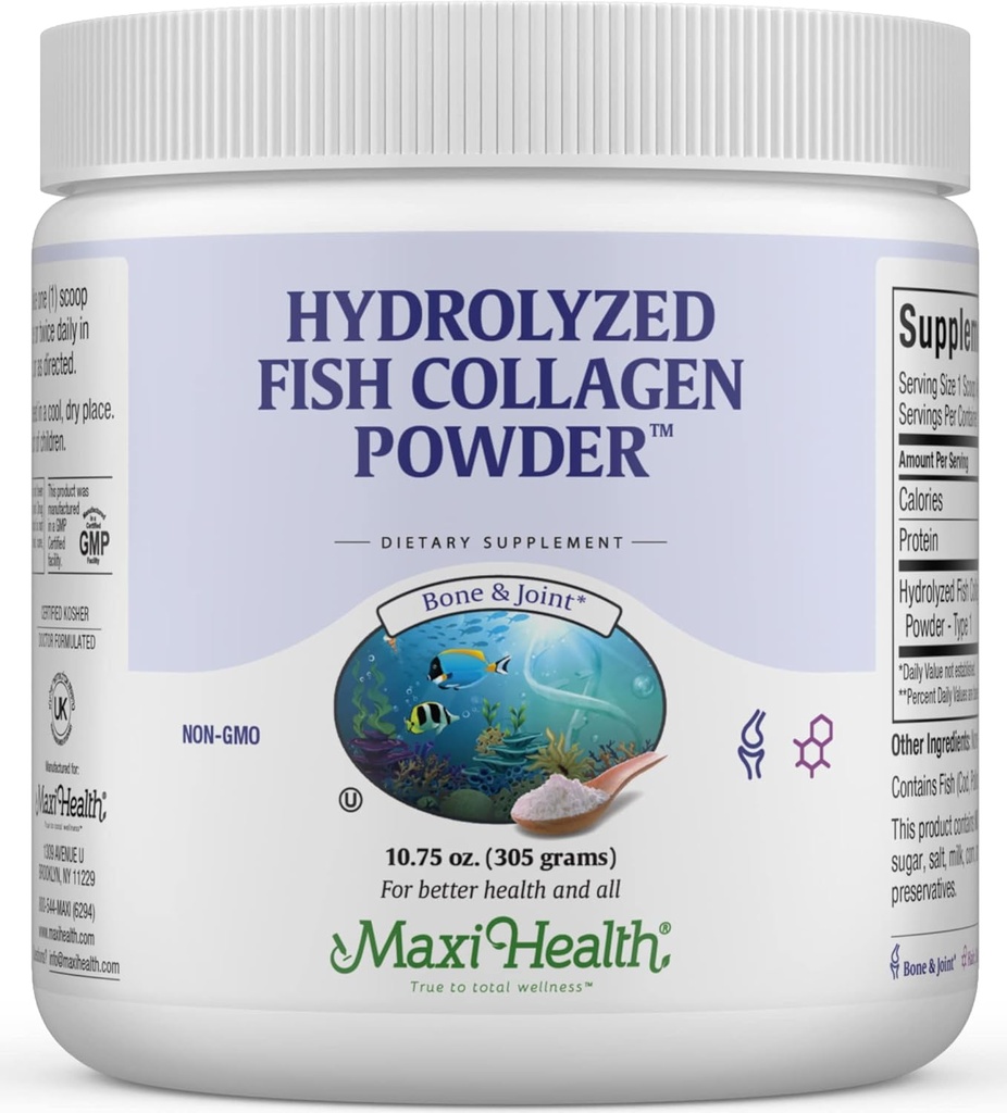 Maxi Health Collagen Peptides Powder – Tipo I Unflavored Marine Powder Collagen for Women & Hombre - Wild-Caught Protein Supplement for Joints, Skin, Hair & NailNails (10.75 oz)