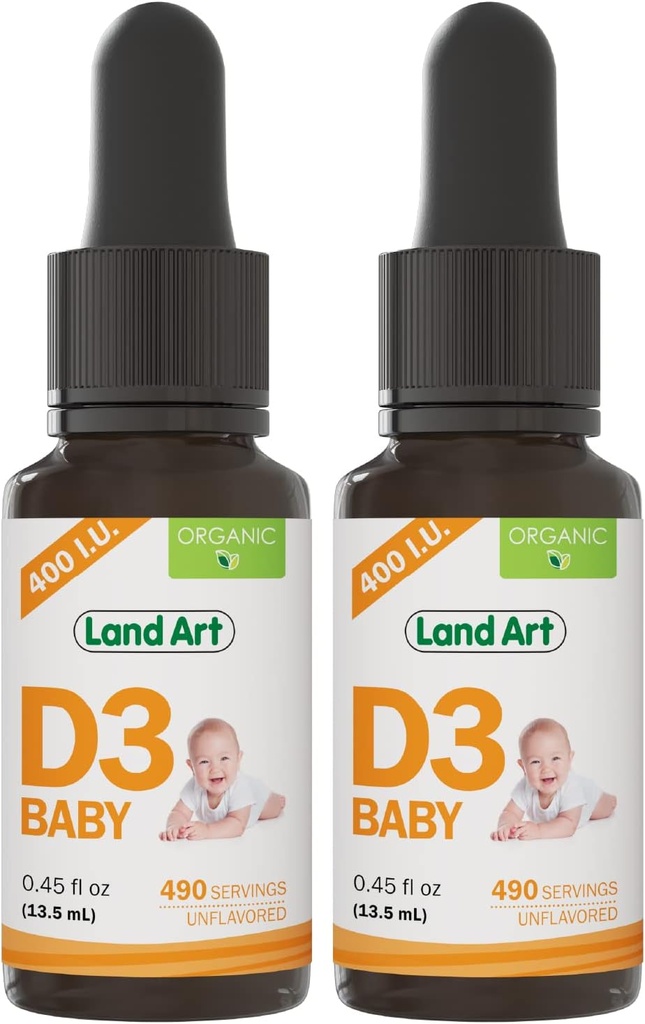 Land Art - Certified Organic Vitamin D3 Drops Baby – 400 IU per Drop – 490 Servings – Supports Bone " Teeth Development – Vitamina D Drops for Infants " Toddlers – GMO-Free – Gluten-Free – 2x0.45 fl oz