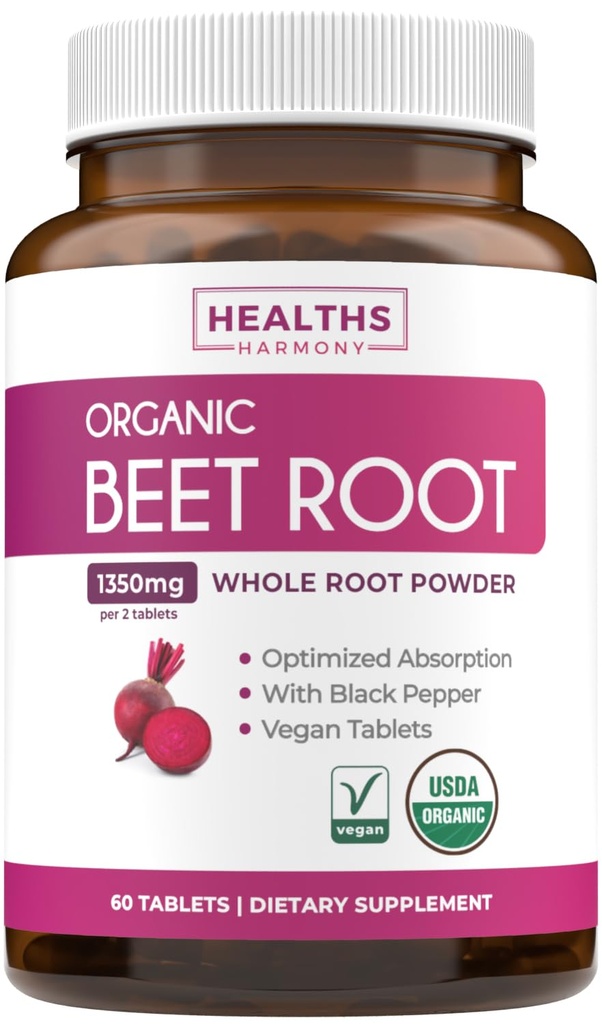 USDA Organic Beet Root Powder (60 Tablets) 1350mg Beets Per Serving with Black Pepper for Extra Absorption - Super Antioxidant and Nitrate Supplement for Athletic Performance and Stamina- No Capsules