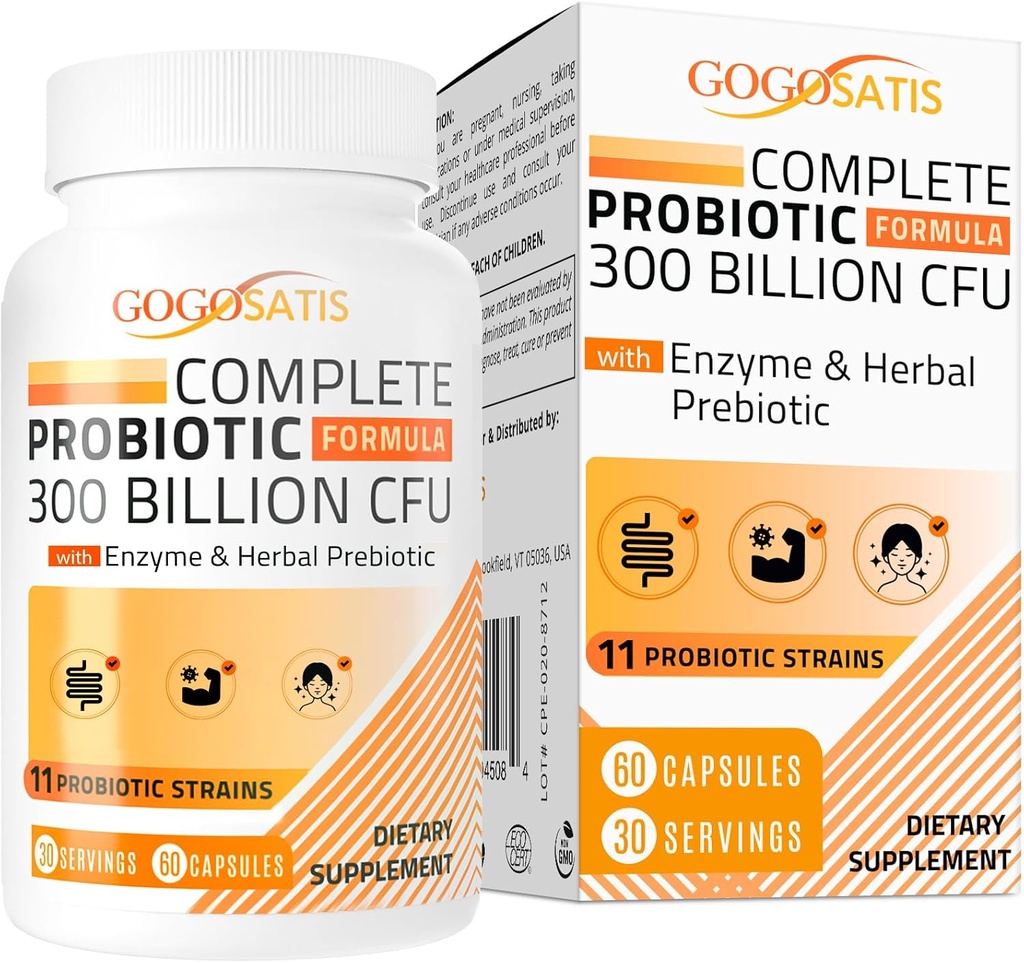 Probióticos para Mujeres & Hombres, 300 millones de millones de francos CFU 11 Strains + Enzimas vegetales orgánicos " Digestivos, Probiótico para Salud Digestiva, Gas " Bloating, Inmune, Gut Health for Women " Men, Shelf Stable, 60 caps