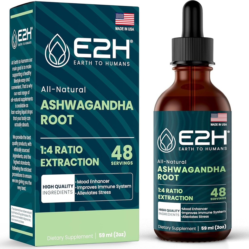 E2H Ashwagandha Liquid Drops - Suplemento de Ashwagandha natural para el alivio de la tensión y Mood Enhancer- Organic Ashwagandha Extracto eficaz Cortisol Manager ← Non-GMO, Vegan TENIDO 2 Fl Oz