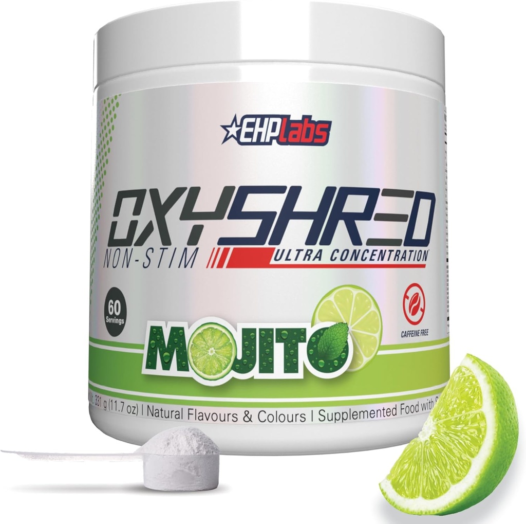EHP Labs OxyShred Non Stimulant Pre Workout Powder - Estim Free Pre Workout, Caffeine Free Preworkout for Men & Women - No estim Preworkout - Sugar Free Energy Powder - Mojito, 60 Servings