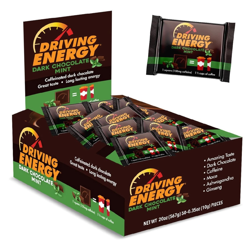 Conducir energía - Caffeinated Energy Bite Size - Dark Chocolate Mint Energy Fuel con 150mg Caffeine - Long-Lasting Energy for Gym, Workout, Adults - Great Taste - Low Carb - Snack saludable - 50 cuenta