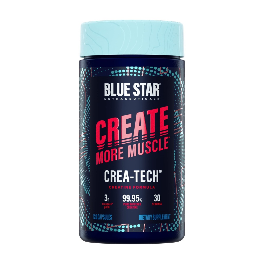 Blue Star Nutraceuticals CREA-TECH - Crepure Creatine Monohydrate - w/Electrolytes. Cretina + electrolitos cápsulas - Construir músculo y aumentar fuerza  durable 30 Day Supply - 120 cápsulas vegetales