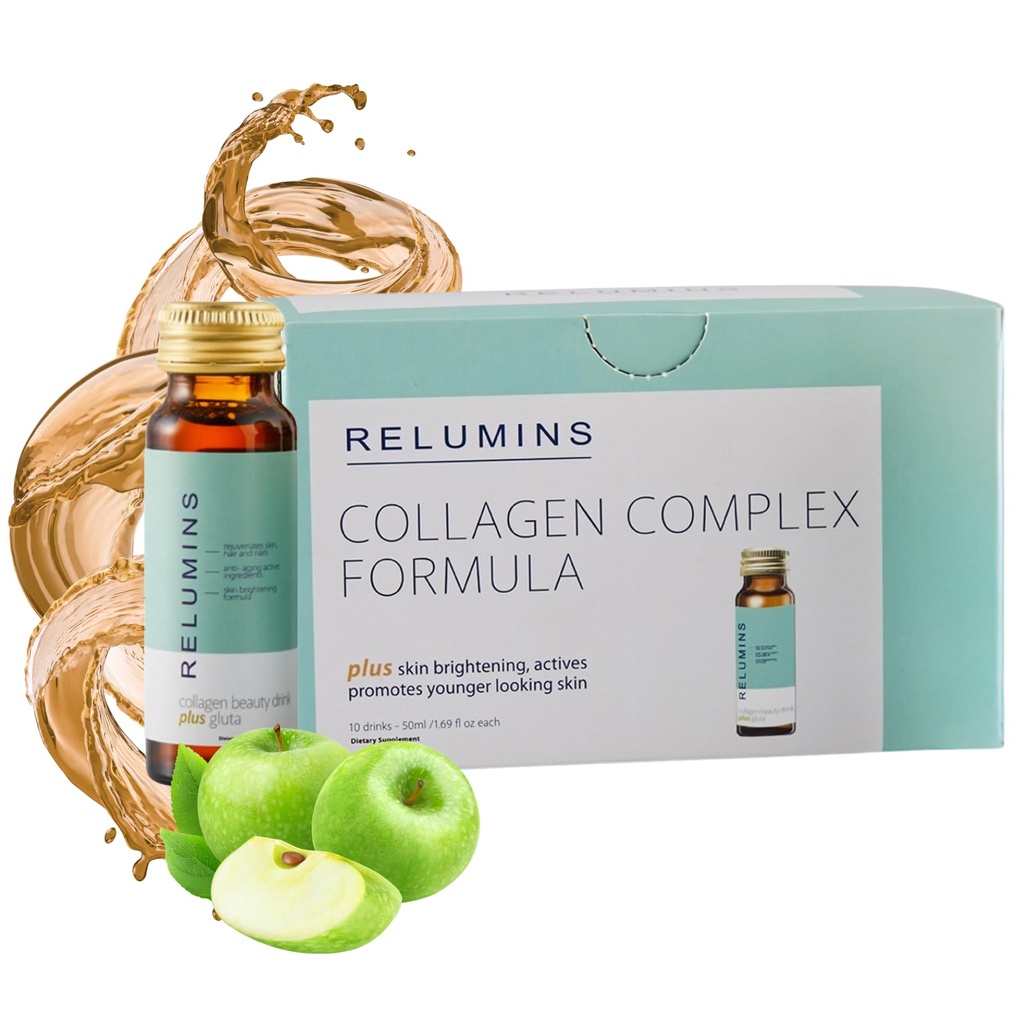 Relumins Advanced Collagen Beauty Drink with Glutathione, Hyaluronic Acid & Antioxidants - Post-Summer Skin Recovery &amp; Made in USA - Apple Flavor - 10 Botellas x 50mL