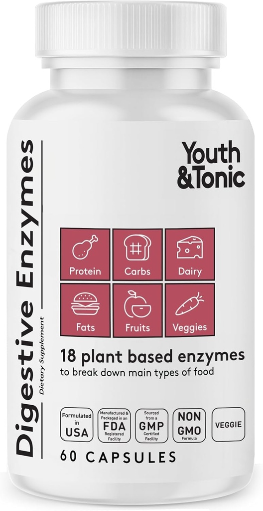 Jóvenes " Enzimas digestivos con Amylase Bromelain Lipase Lactase Protease Papain - Advanced Digestion Plant Enzymes for Food Breakdown Gas Bloating Gut Health - Mujeres " Hombres - 60 píldoras vegetales