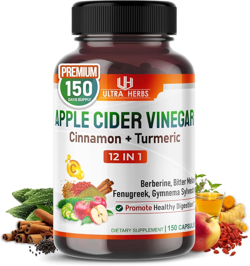 Cápsulas ecológicas de vinagre de manzana mejoradas con canela, turmérica - Ultra Suplemento para Digestivo, Circulatorio, Apoyo a la Inmunidad