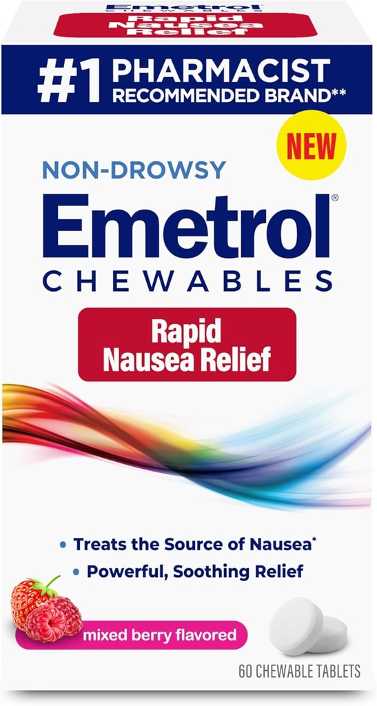 Emetrol Non-Drowsy Alivio de la Nausea - Medicina Chewable para el estómago de montaje - Farmacéutico recomendado Alivio de Nausea - Sabor de Berry mixto, 60 Tabletas