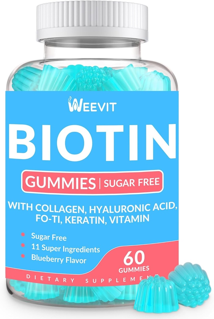 Biotina Gummies, Vitaminas de Biotina Libre de Azúcar para Mujeres & Hombres apoya el crecimiento del cabello, uñas & piel, biotina Chewable y suplemento colágeno