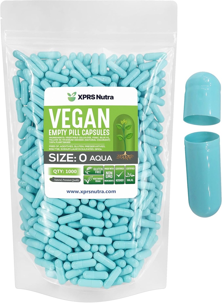 XPRS Nutra Size 0 Empty Capsules - 1000 Count Empty - Vegetarian Empty Pill Capsules - DIY Vegetal Capsule Filling- Veggie Pill Capsules Gel Caps (Aqua)