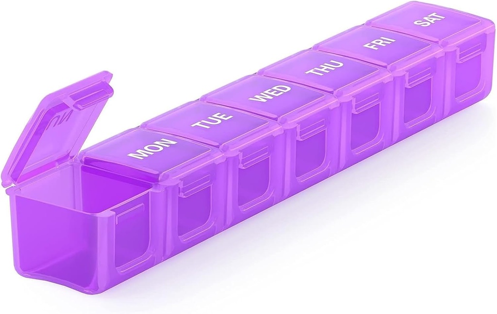 Sukuos Organizador de píldoras semanales extra grande, 7 días Caja de píldoras diarias Artritis amistosa, pantalla de seda Printed Medicine Container with Clear Lid for Vitamins, Fish Oils or Supplements (Purple)