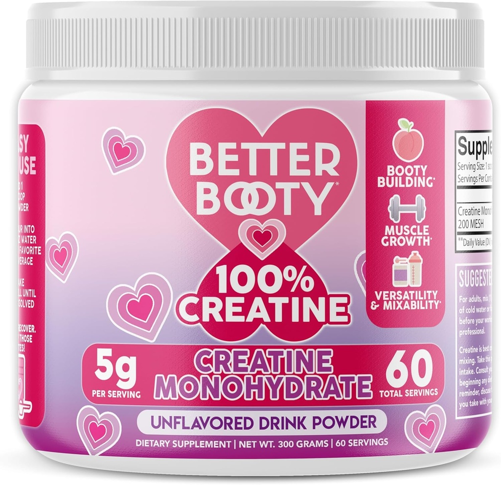 Mejor Booty 100% Creatina para Mujer, Premium Creatina Monohydrate Powder 200 Mesh Micronizado, Glute Builder Suplemento, Bebida Mix, Desarrollado, 60 Servimientos