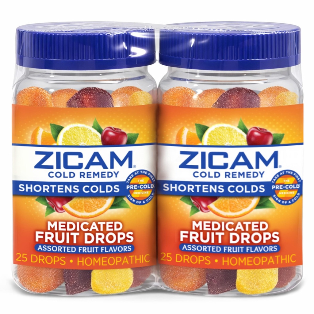 Zicam Cold Remedy Zinc Medicated Fruit Drops, Assorted Fruit, Zinc Cold Shortening Medicine, Chewy Drops, 50 Count (2 Packs of 25)