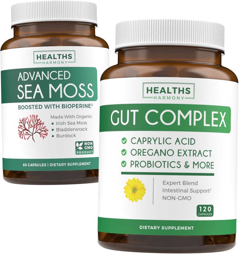 Bundle of Gut Complex " Irish Sea Moss - Inner Thrive Combo - Complejo Gut con ácido caprílico " Irish Sea Moss Capsules - Suplemento Vegano Raw con BioPerine (No-GMO " Orgánico) - 60 cápsulas