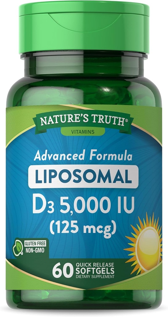 Verdad de la naturaleza Liposomal Vitamina D3 Silencio 5000 UI Silencio 60 Softgels Silencio No GMO & Gluten Suplemento Gratis