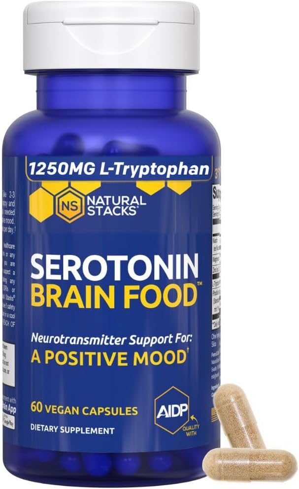 Serotonin Brain Food - 1250mg L-Tryptophan & 400mg Rhodiola Suplemento de Rosea - Suplemento de apoyo al mood para el alivio del estrés - Neurotransmisor Soporte con magnesio Glycinate " Zinc - 60 cápsulas