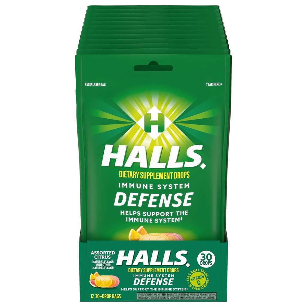 HALLS Defense Assorted Citrus Vitamin C Drops, Dietary Supplement Drops, 12 Bags of 30 Drops (360 Total Drops)