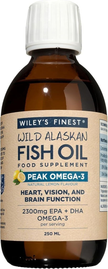 Wiley's Finest Wild Alaskan Fish Oil Peak Omega-3 Suplemento líquido - 2300mg EPA y DHA Omega-3s - Lemon Flavor - 8.45 Oz (50 Servings)