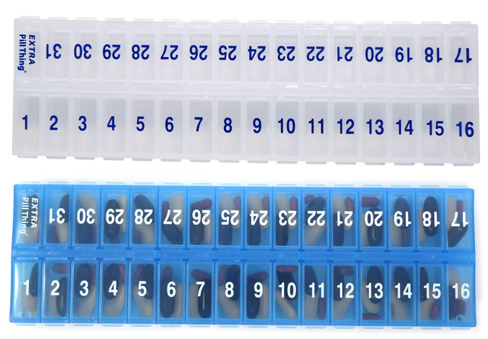 AM PM 31 Day Once-a Day Monthly Pill Planner Organizer - Large Compartment Pill Boxes Store Medicamentos para el Mes entero Plus Compartimiento para Píldoras Extras (AM/PM Clear &amp; Blue) BPA Gratis