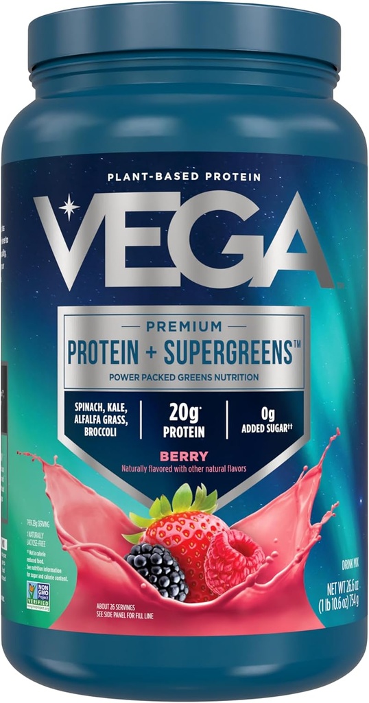Vega Proteína + Supergreens - 20g Proteína de base vegetal, Berry, 26 Servings, Verdes Reales & verduras, Vegan Keto, 0g Sugar, No GMO, Gluten Free, Dairy Free, 1.7lbs (Paquete May Vary)