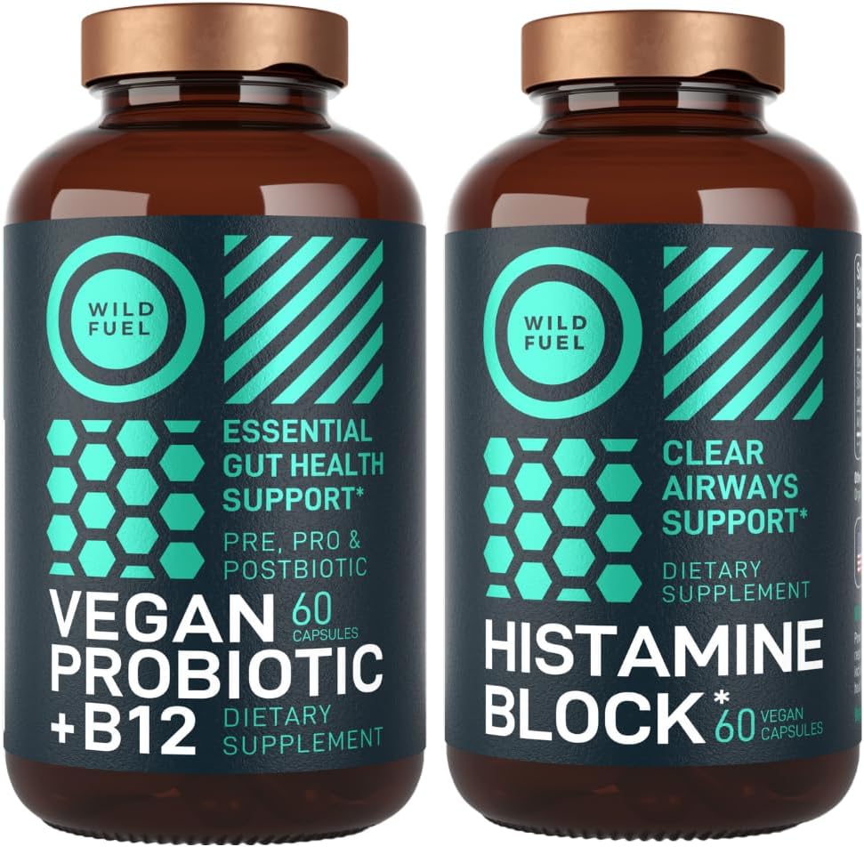 WILD FUEL Suplementos de bloques de histamina y Probiótico Vegan Plus B12 Asistencia de alergia y paquete de salud digestivo