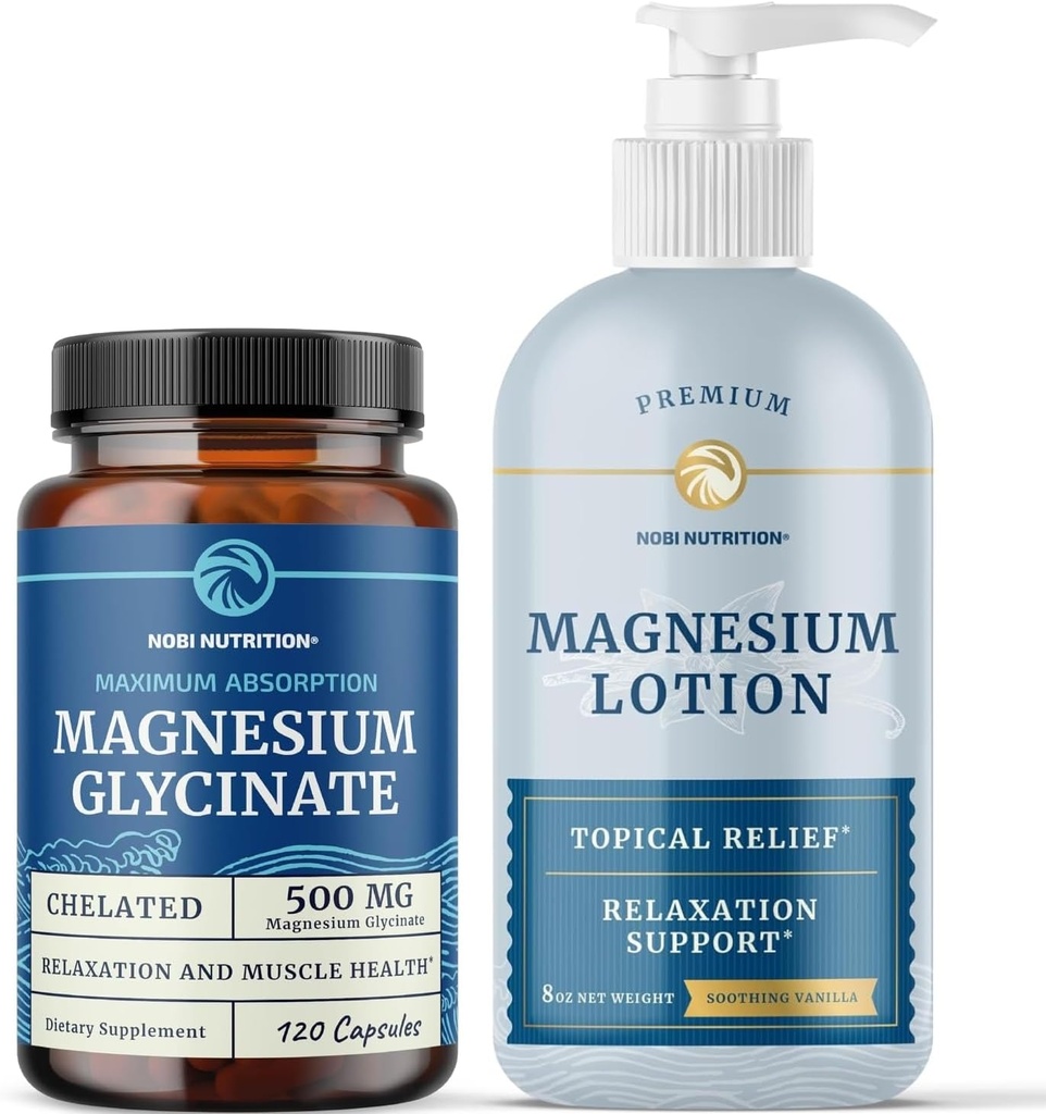 Magnesium Lotion y Magnesium Glycinate Suplemento Silencio Full Body Magnesium Support for Body and Mind with 8 Fl Oz Topical Magnesium Plus 500mg Magnesium Glycinate Pills