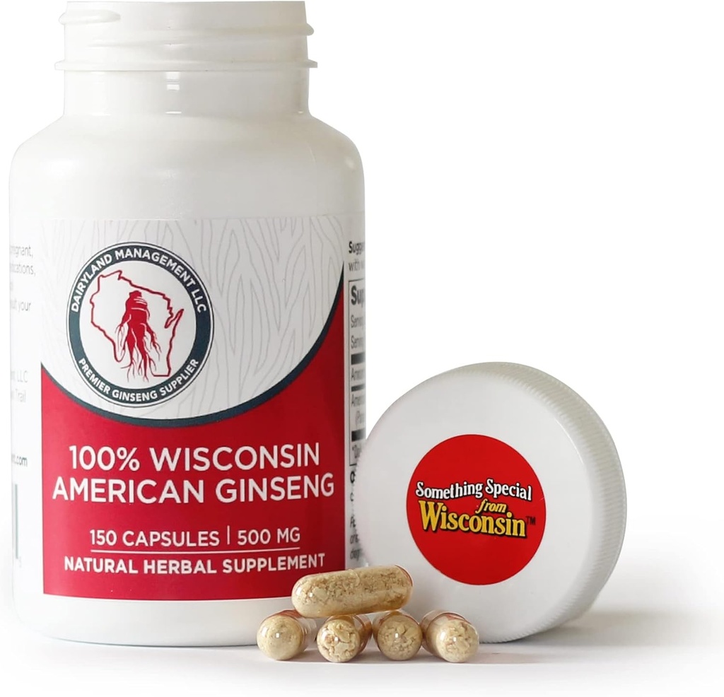 Dairyland American Ginseng Capsules - 150 ct, 500 mg - Wisconsin Ginseng Complex Capsules - Authentic American Ginseng Root Extract - Ginseng cápsulas para su uso como un suplemento de soporte diario Immune