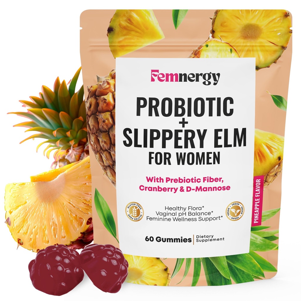 Feminine Probiotics Slippery Elm Gummies - Women's Probiotic for Vaginal Moisture PH Balance Immune Support Healthy Flora & Digestive Health - Tropical Pineapple Flavor Vegan Gluten-Free